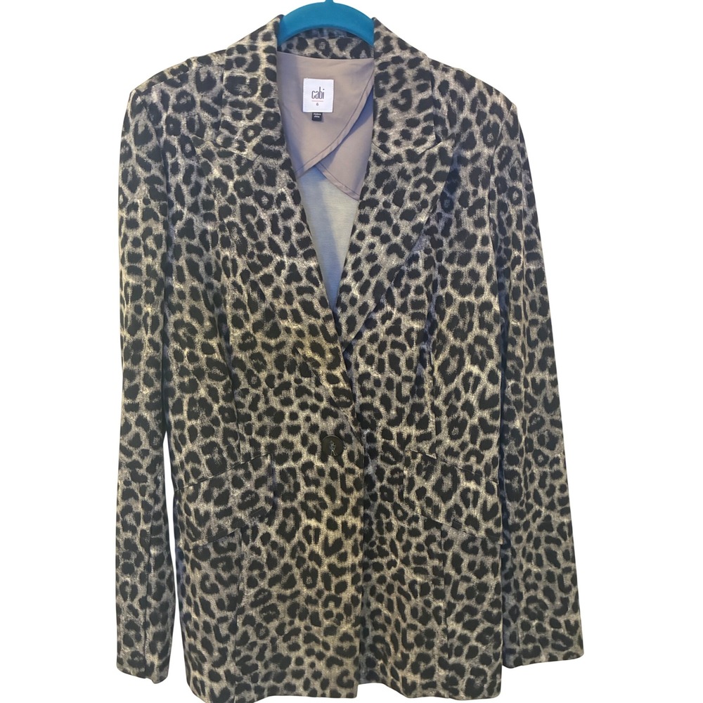 Cabi Leopard Print Blazer Grey Black Animal Print Single Button Jacket Size 6